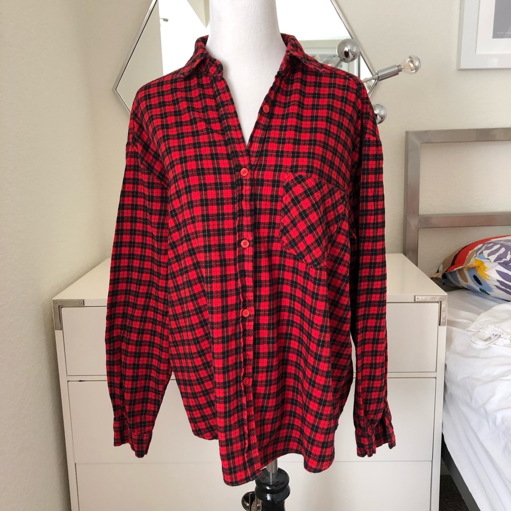 Stylenanda oversized red plaid flannel shirt